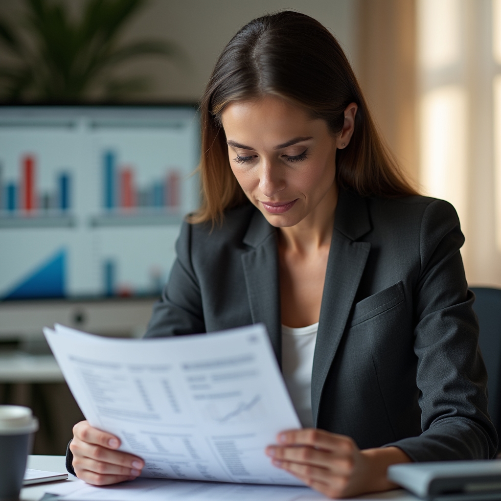 Professionista che esamina report aziendali con attenzione critica